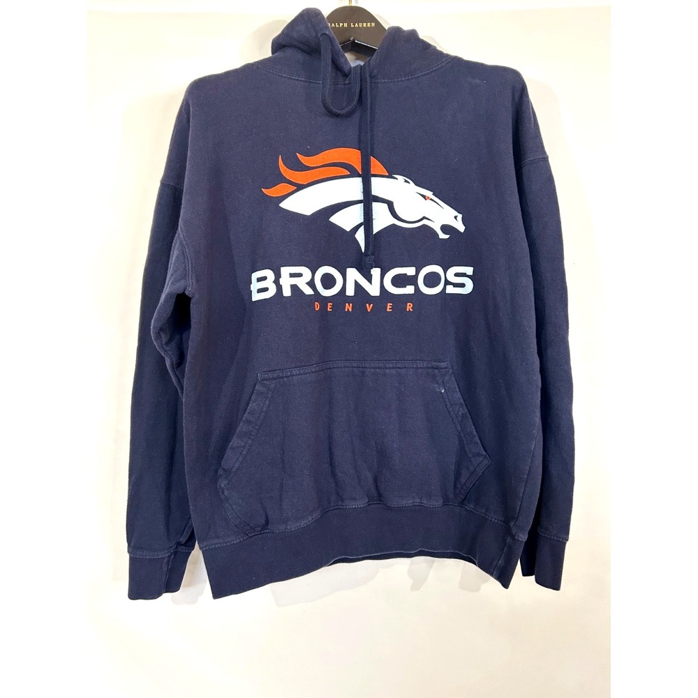 NFL Denver Broncos Blue Cotton Hoodie Mens Sz M Distressed